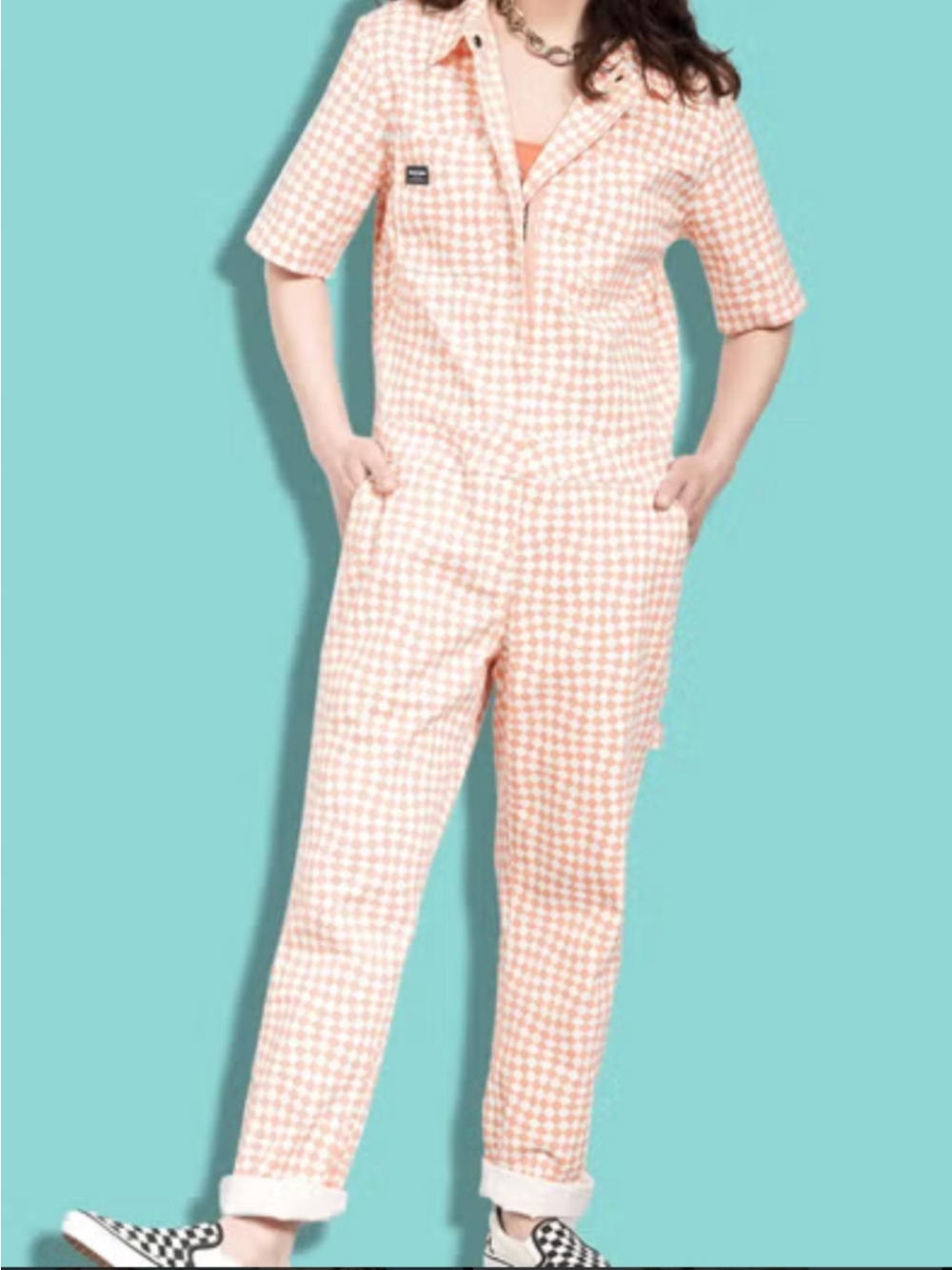 Wildfang Orange Peach Diamond Houndstooth Utility Festival Jumpsuit